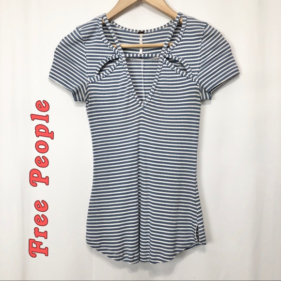 Free People Tops - Free People-Blue stripe Cut out V neck line XS